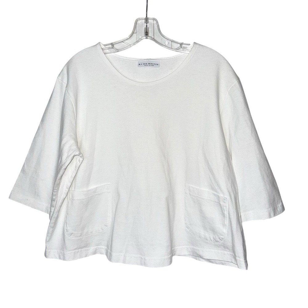 Bryn Walker Boxy Pocket Top XS White Cotton 3/4 Sleeve USA Lagenlook Minimalist